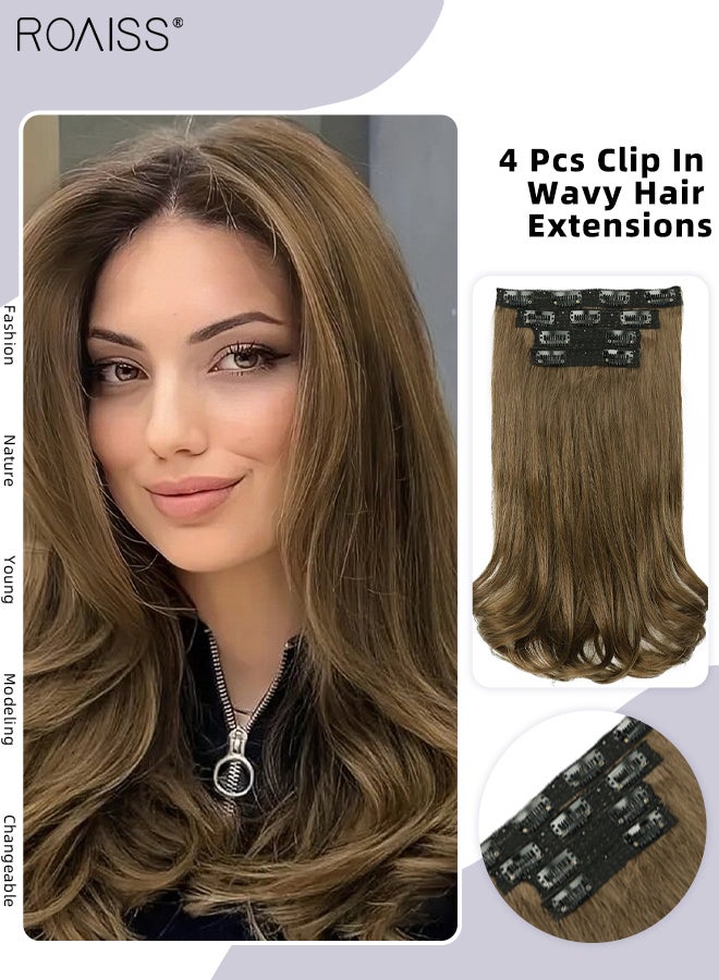 roaiss 4 Pcs Clip In Wavy Hair Extensions, Invisible Adjustable Synthetic Heat Resistant Hairpieces with 11 Clips for Women , Increase Hair Volume Light Brown , 35cm (14 inches) - Image 1